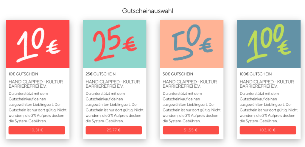 Bildschirmfoto von der Webseite, auf der die Gutscheine im Wert von 10 und 25 und 50 und 100 Euro zu sehen sind