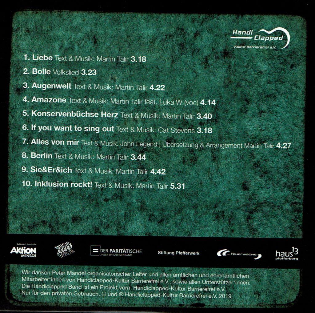 Bild von der Rückseite des Covers der CD L.I.E.B.E, mit den Titeln der CD