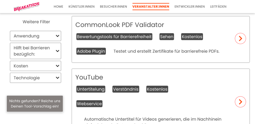 Bildschirmfoto auf dem Suchergebnisse zu sehen sind von digitalen Werkzeugen für VeranstalterInnen - Common Look PDF Validator und YouTube